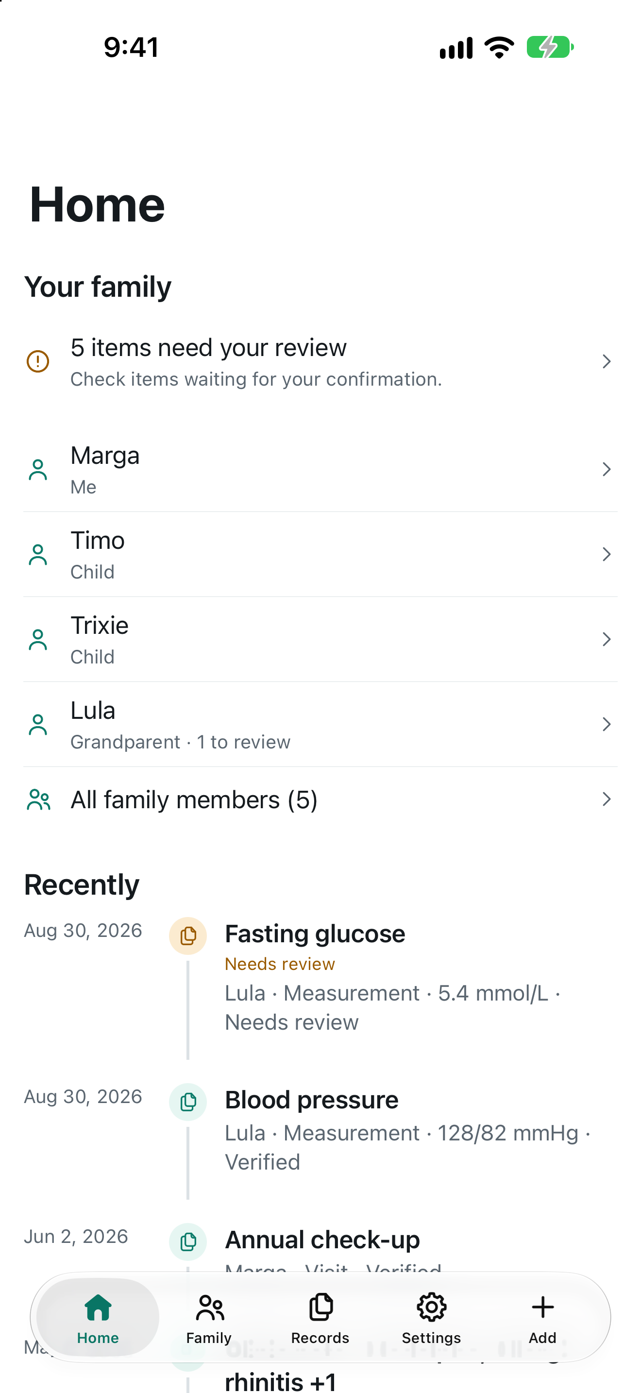 The Arooqa home screen: the family list, five items waiting for review, and recent records including Lula's fasting glucose and blood pressure.
